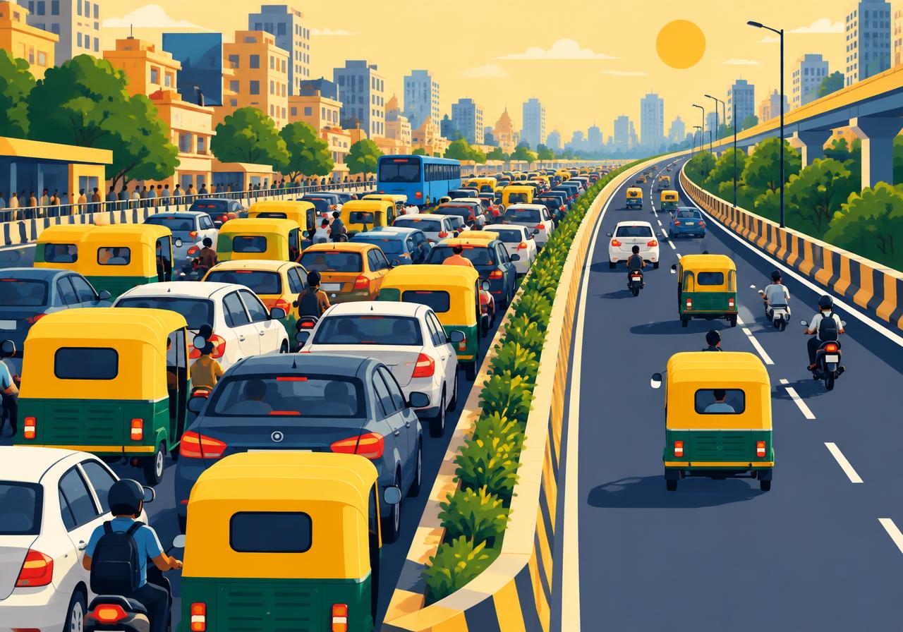 Traffic jam with a new side lane opening