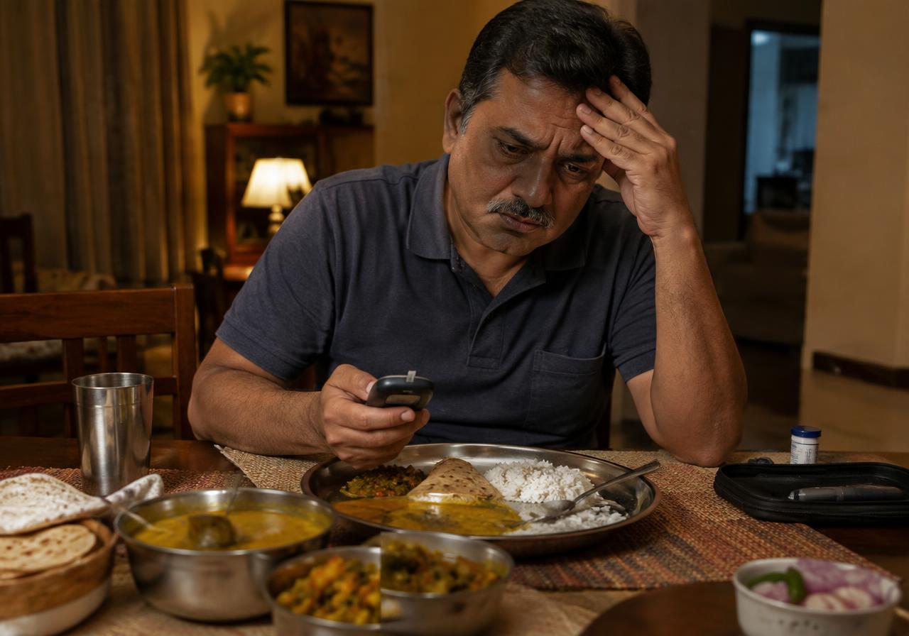 Man worried after checking glucose after dinner